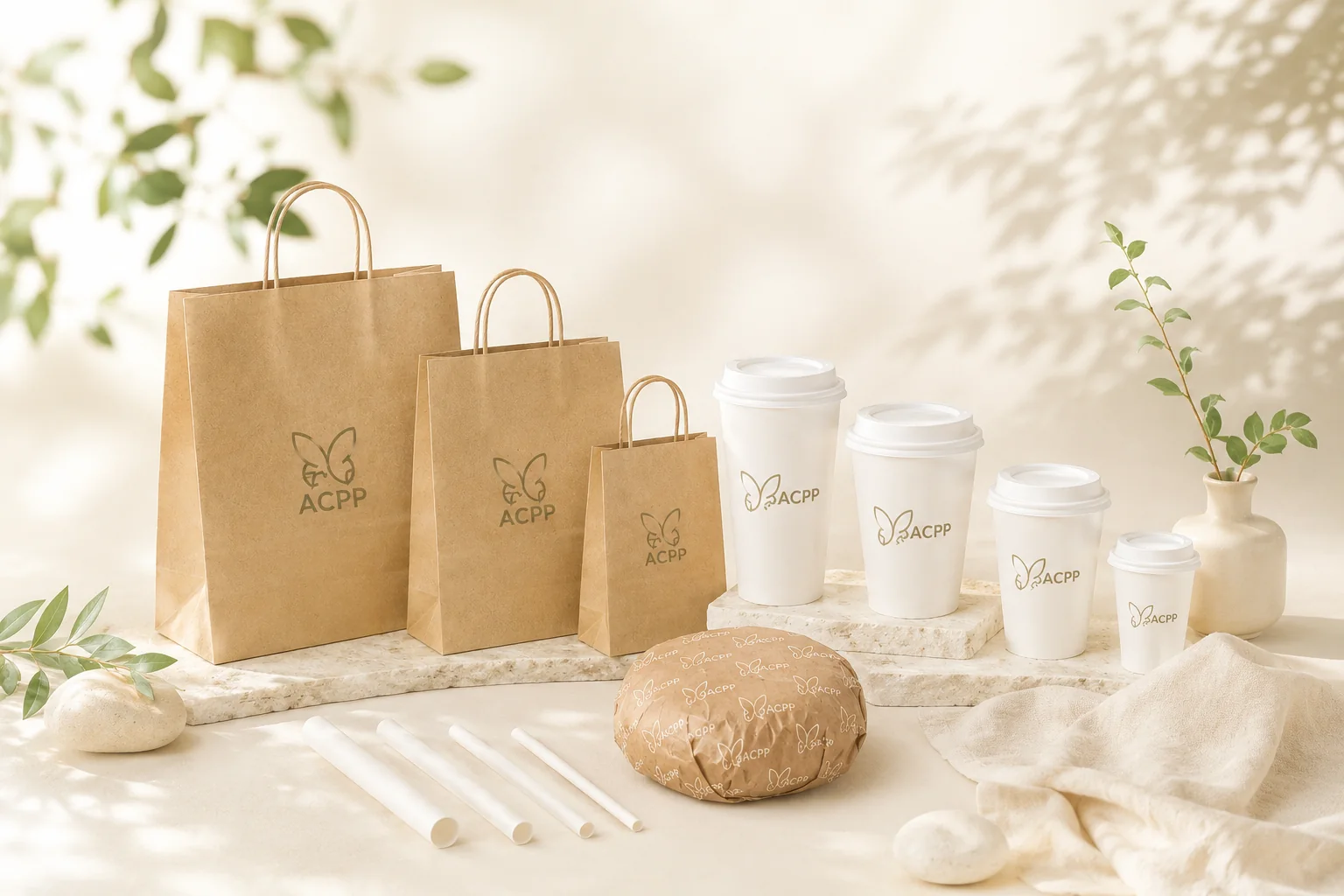 The full ACPP range: kraft carry bags, compostable cups, paper straws and printed wrapping